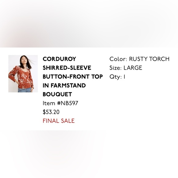 Large Madewell, floral, corduroy, long sleeve blouse - Picture 9 of 11